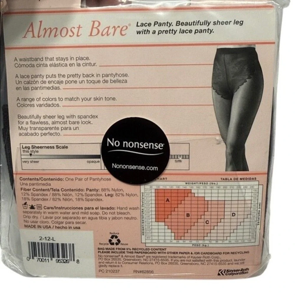 No nonsense Almost Bare Pantyhose Women Almost Black Sheer Lace Panty IM4 Size B